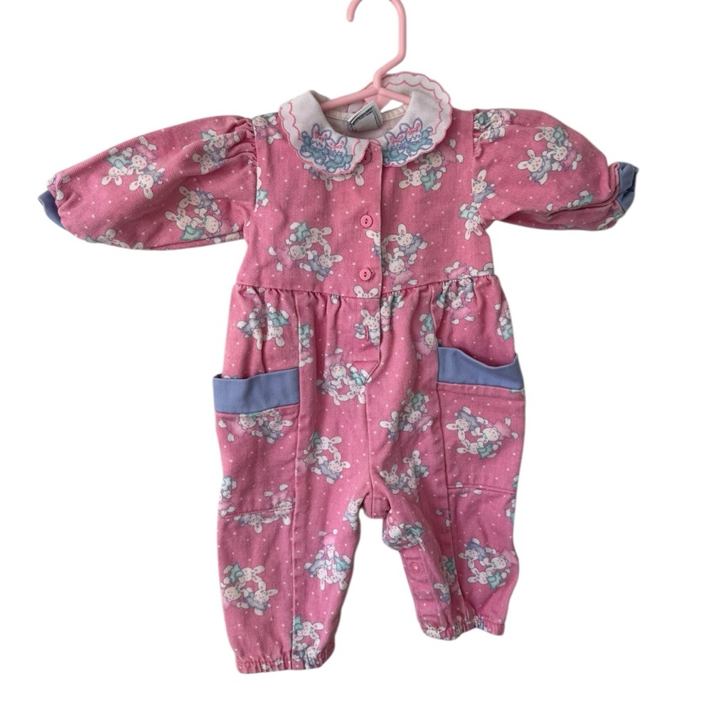 Vintage OshKosh B’gosh Bunny Romper Pink Baby Girl 3-6M USA Peter Pan Collar
